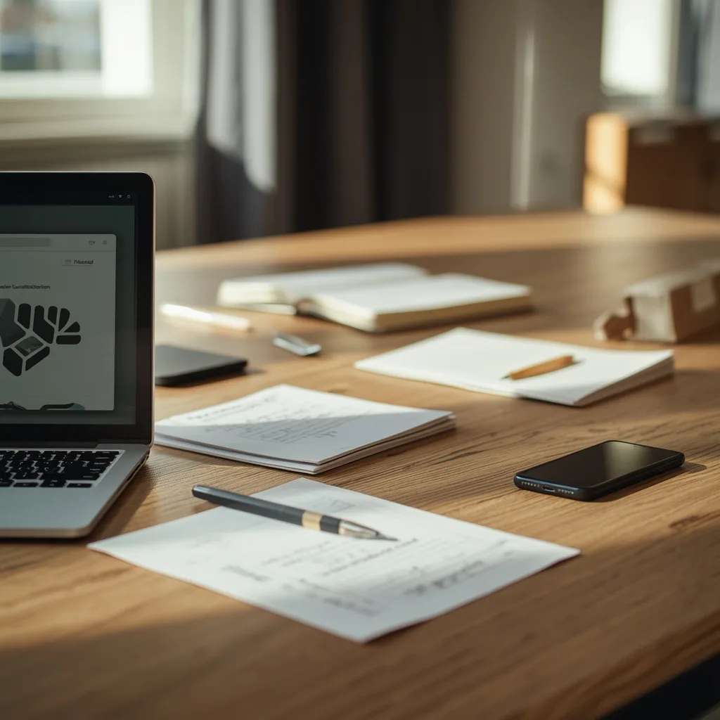 A desk with papers, notes and a laptop