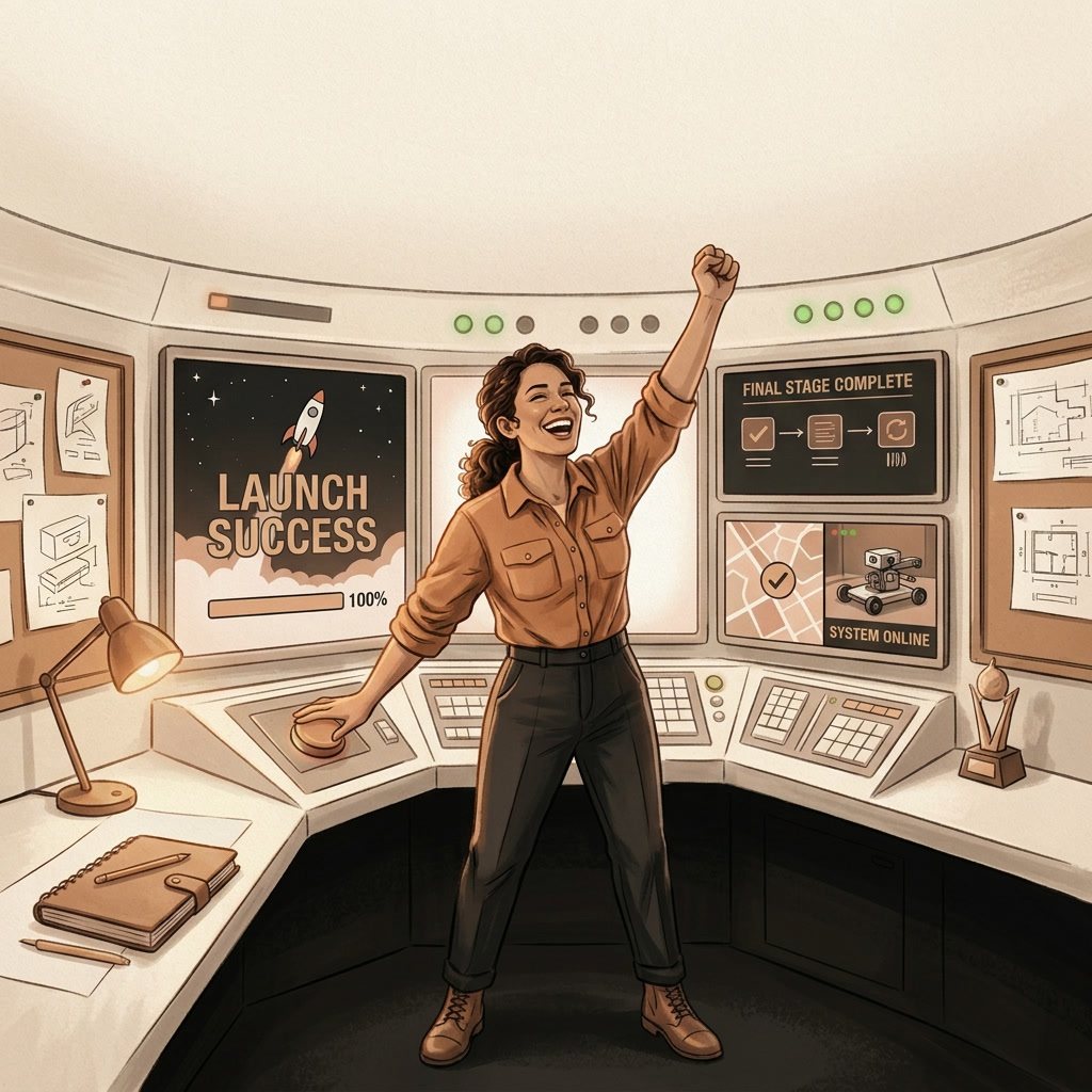 A crafter in a control room, fist in the air. Monday morning, and it works.