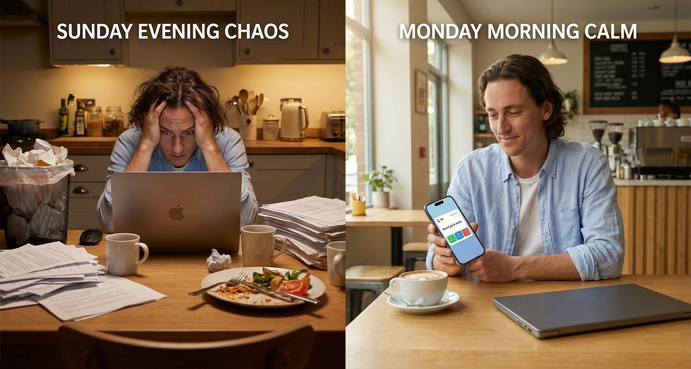Split scene: Sunday evening chaos at kitchen table vs. Monday morning calm with phone notification from Max